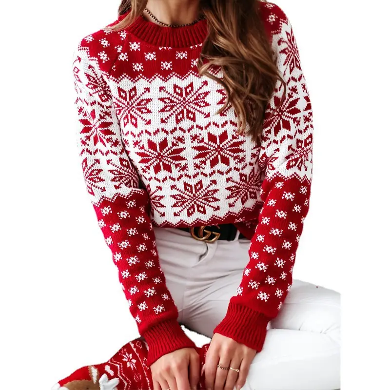 Women's Red Snowflake Knitted Wool Sweater