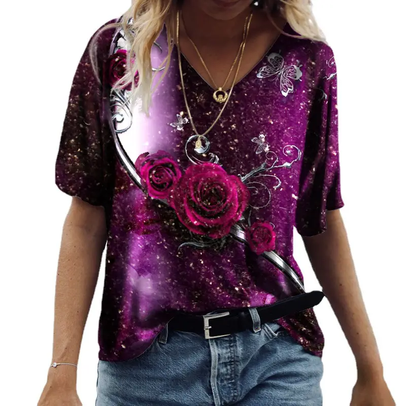 2024 Women Digital Print V-Neck Pullover Short Sleeve Loose Fit - Image 16