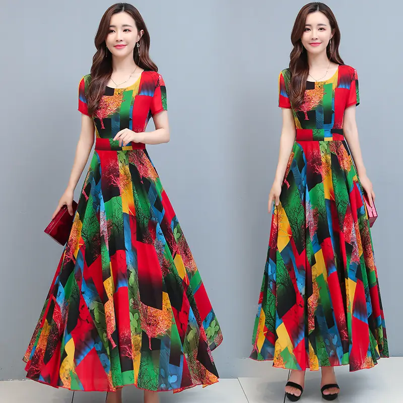 2025 Printed A-Line Long Dress Women High Waist Round Neck