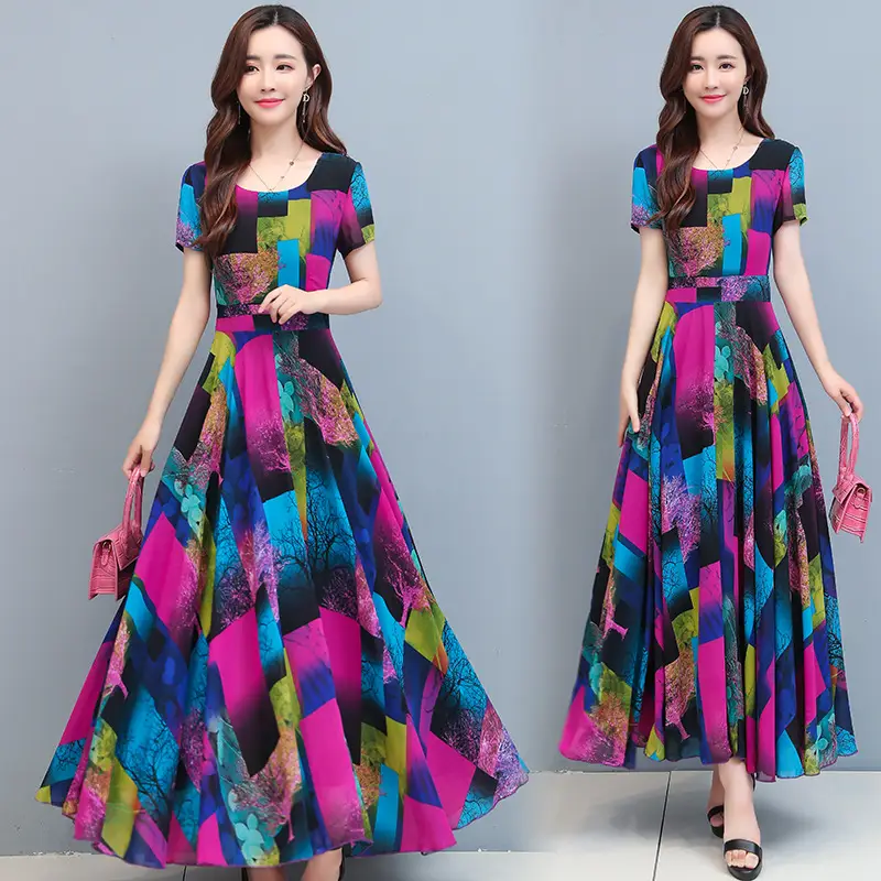 2025 Printed A-Line Long Dress Women High Waist Round Neck