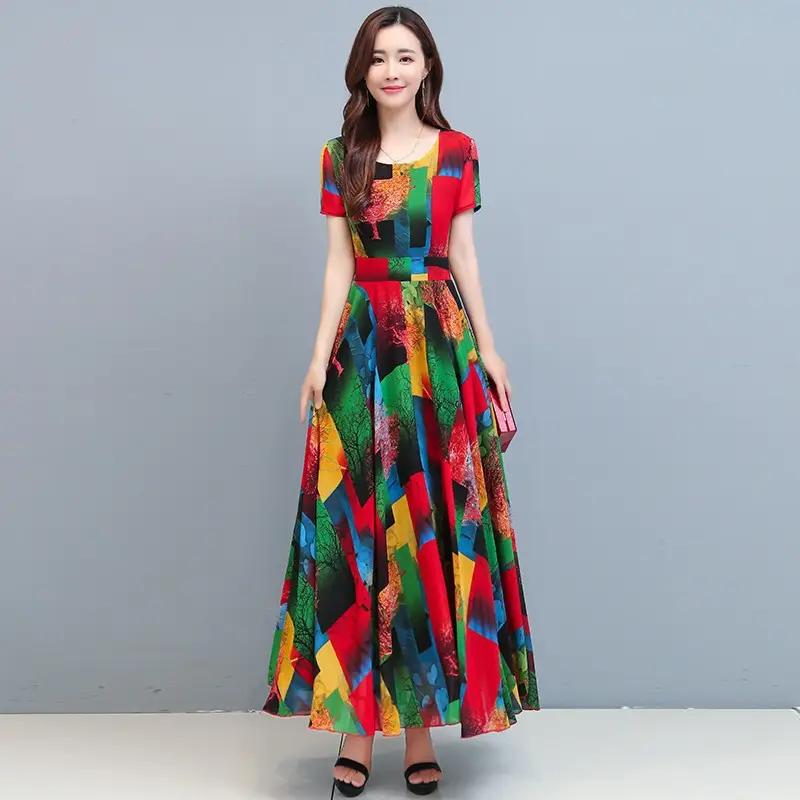 2025 Printed A-Line Long Dress Women High Waist Round Neck