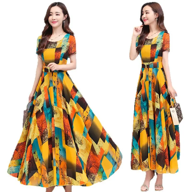 2025 Printed A-Line Long Dress Women High Waist Round Neck