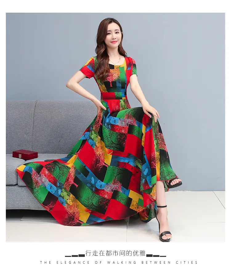 2025 Printed A-Line Long Dress Women High Waist Round Neck — feature 10