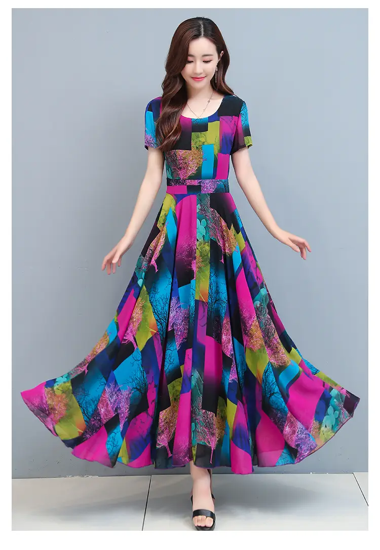 2025 Printed A-Line Long Dress Women High Waist Round Neck — feature 11