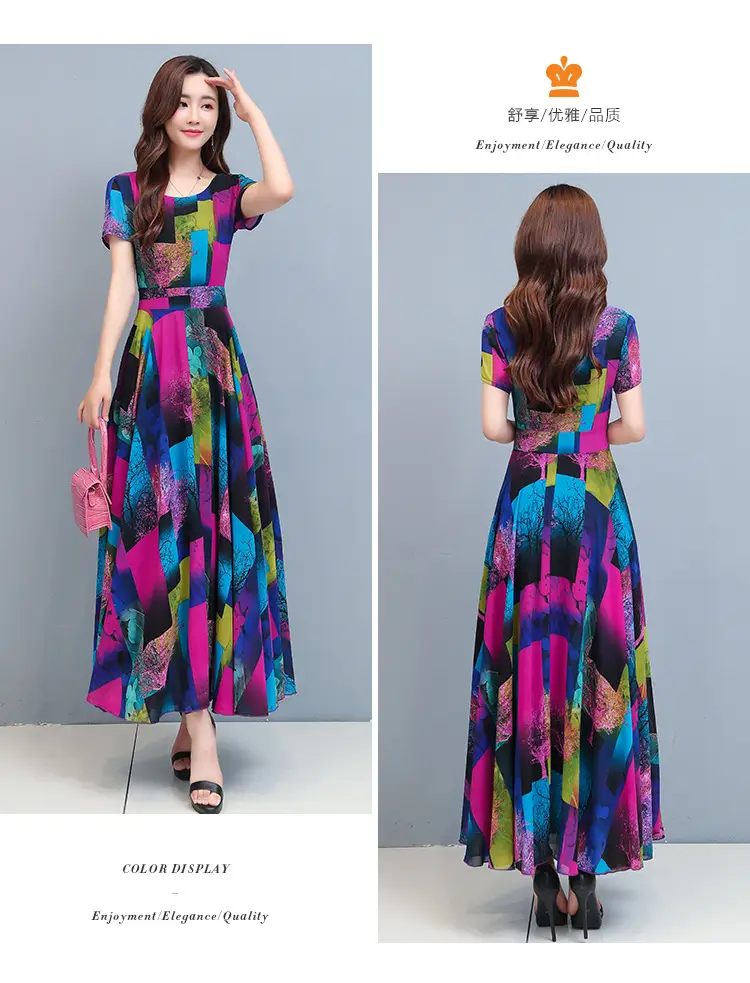 2025 Printed A-Line Long Dress Women High Waist Round Neck — feature 12