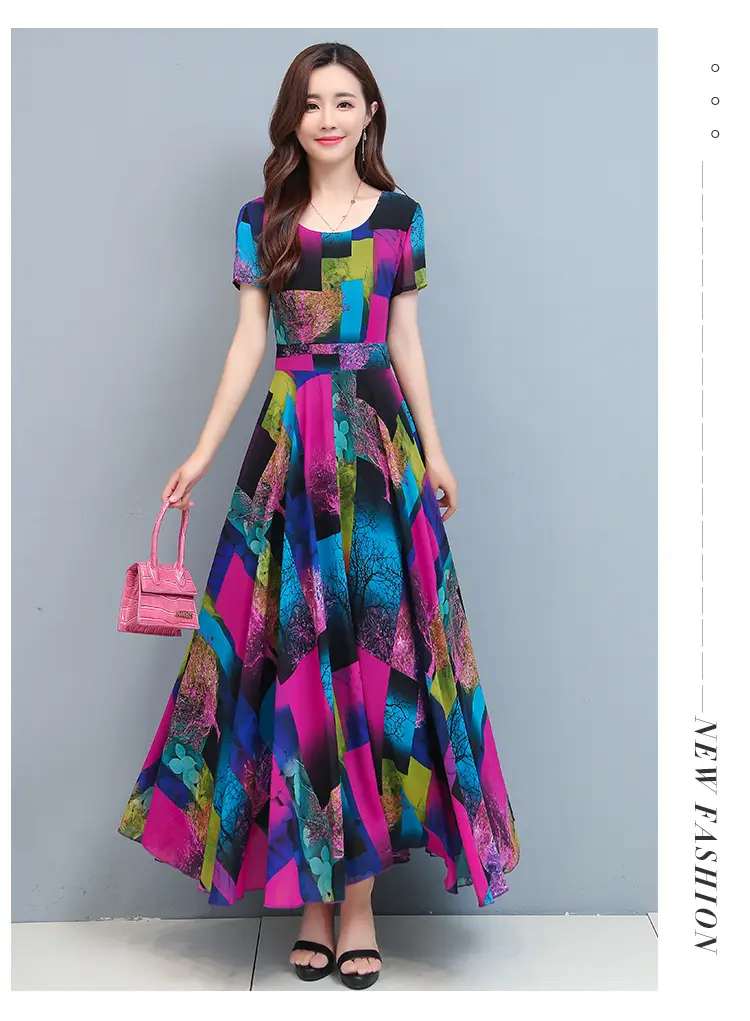 2025 Printed A-Line Long Dress Women High Waist Round Neck — feature 13