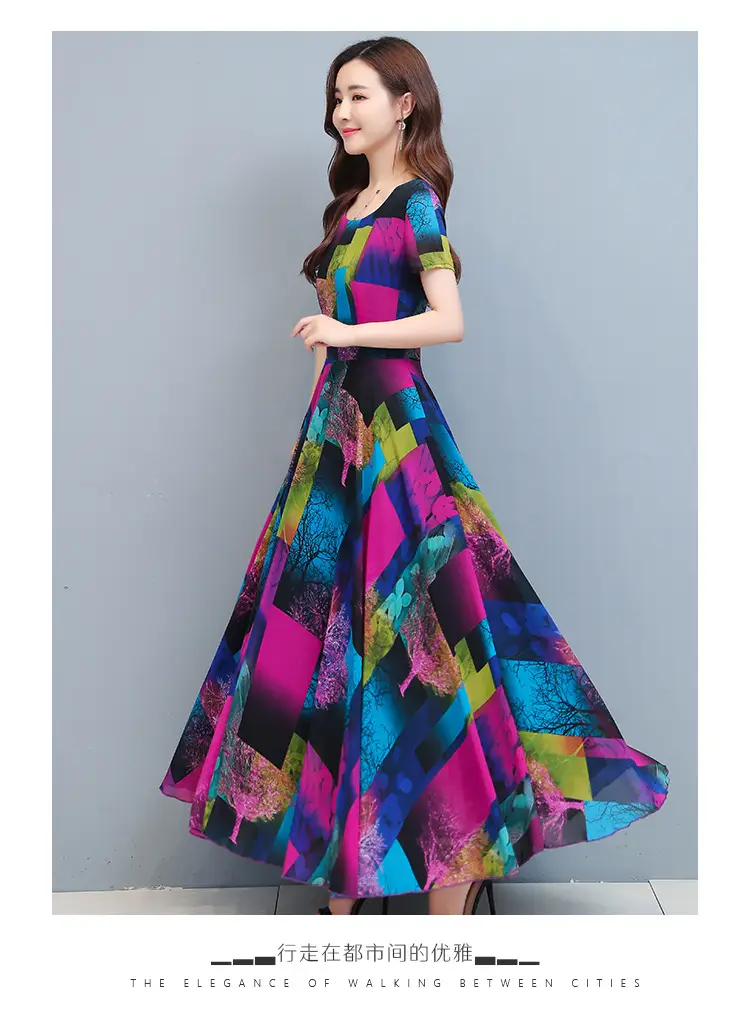 2025 Printed A-Line Long Dress Women High Waist Round Neck — feature 14