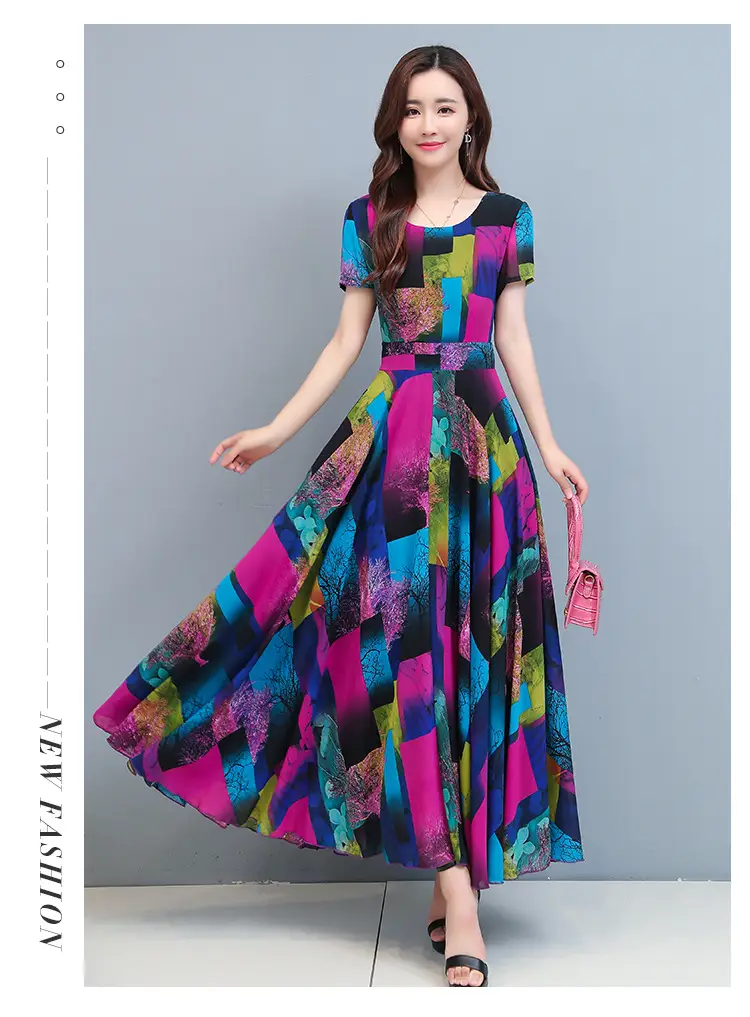 2025 Printed A-Line Long Dress Women High Waist Round Neck — feature 15