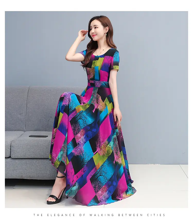 2025 Printed A-Line Long Dress Women High Waist Round Neck — feature 16