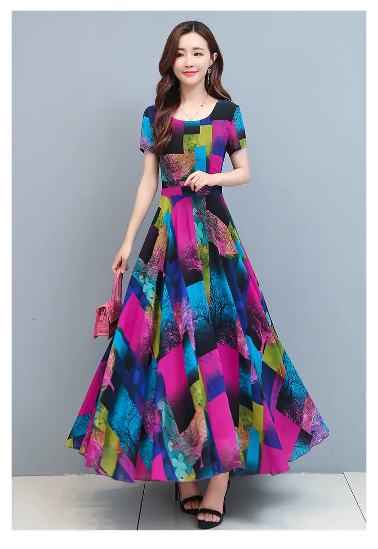 2025 Printed A-Line Long Dress Women High Waist Round Neck — feature 17