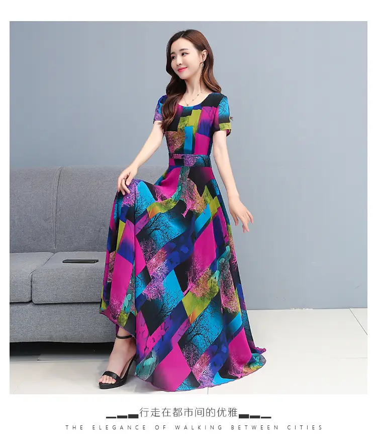 2025 Printed A-Line Long Dress Women High Waist Round Neck — feature 18