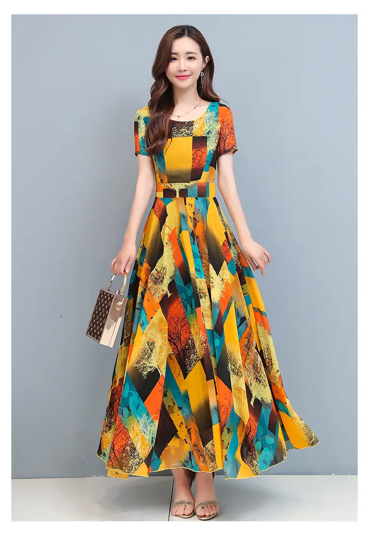 2025 Printed A-Line Long Dress Women High Waist Round Neck — feature 19
