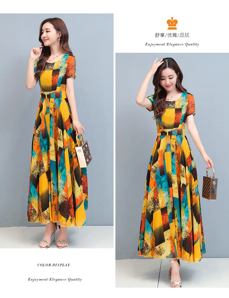 2025 Printed A-Line Long Dress Women High Waist Round Neck — feature 20