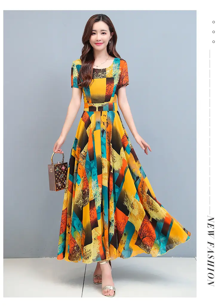 2025 Printed A-Line Long Dress Women High Waist Round Neck — feature 21