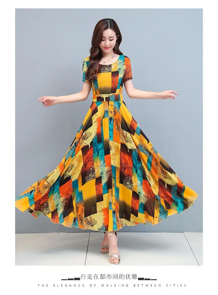 2025 Printed A-Line Long Dress Women High Waist Round Neck — feature 22