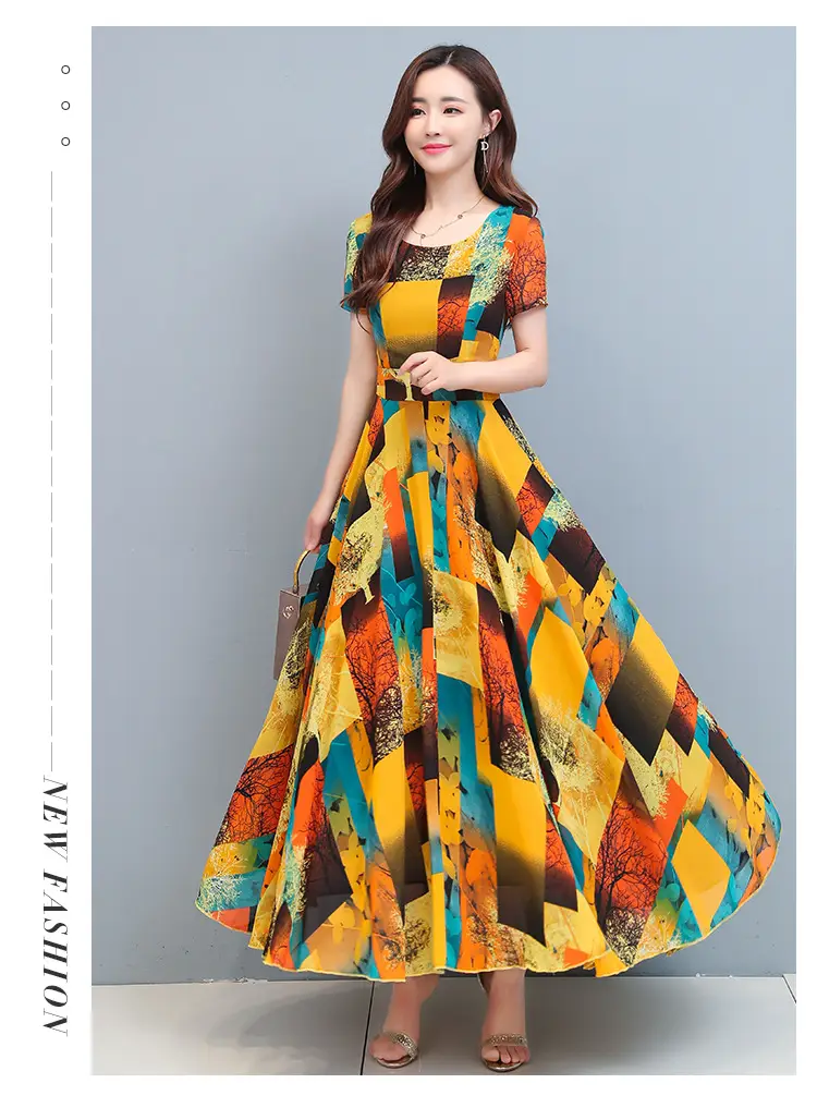 2025 Printed A-Line Long Dress Women High Waist Round Neck — feature 23