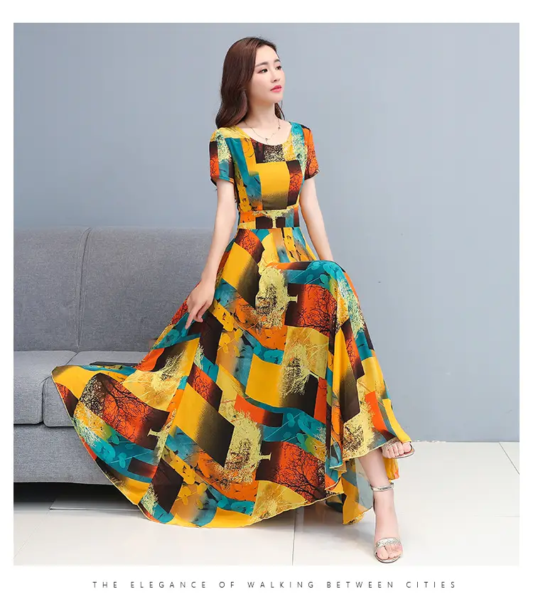 2025 Printed A-Line Long Dress Women High Waist Round Neck — feature 24