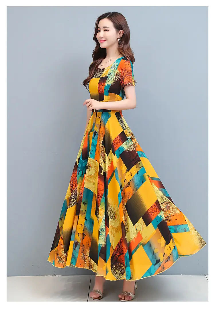 2025 Printed A-Line Long Dress Women High Waist Round Neck — feature 25