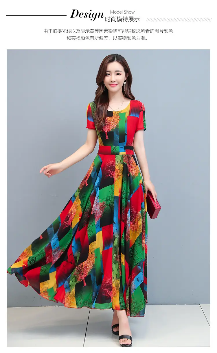 2025 Printed A-Line Long Dress Women High Waist Round Neck — feature 3