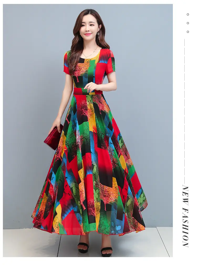 2025 Printed A-Line Long Dress Women High Waist Round Neck — feature 5