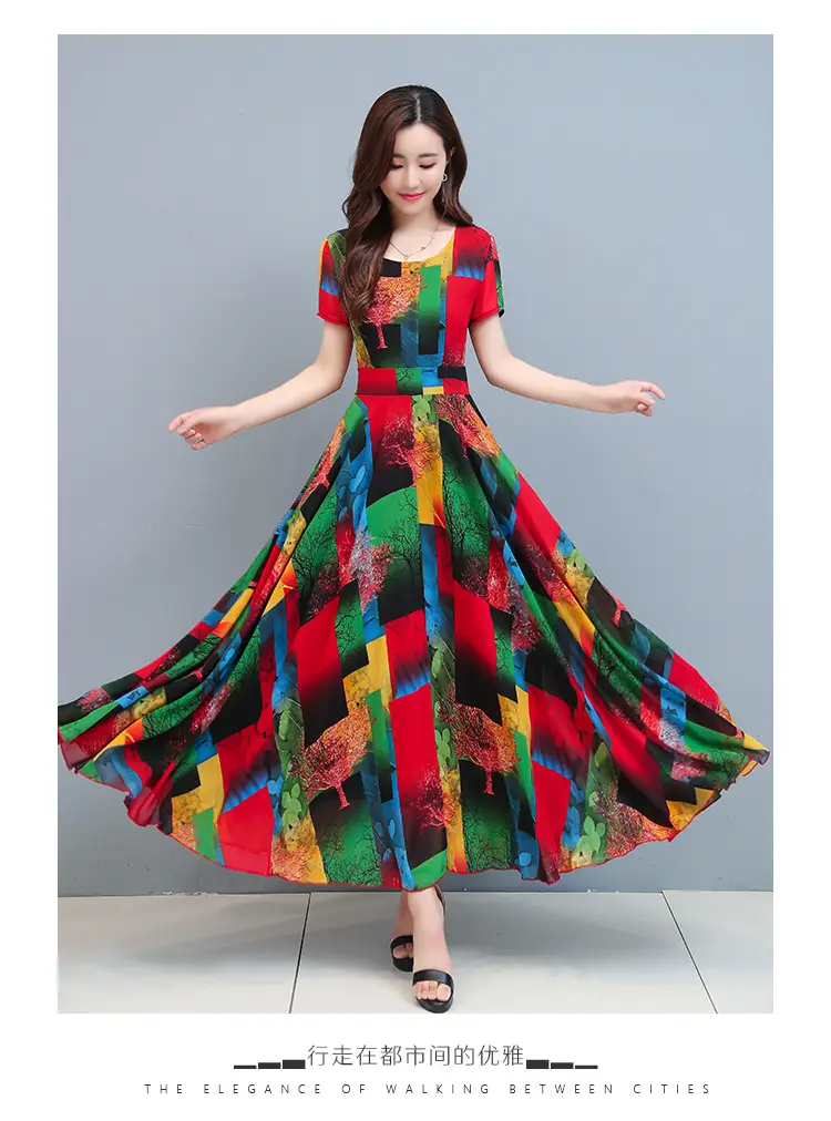 2025 Printed A-Line Long Dress Women High Waist Round Neck — feature 6