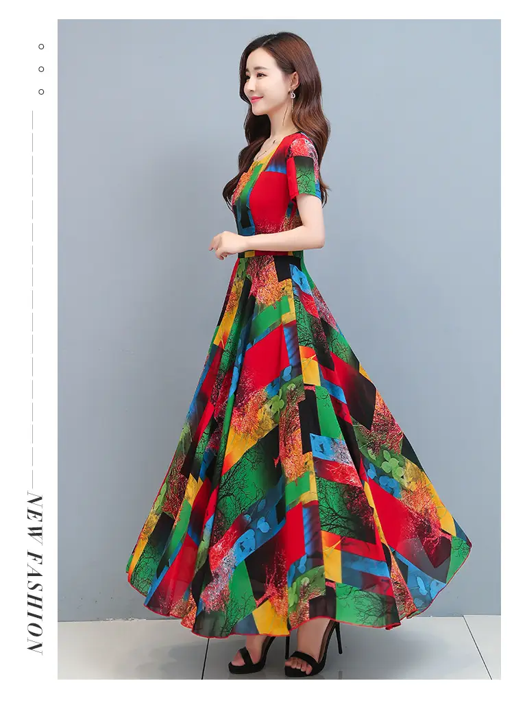 2025 Printed A-Line Long Dress Women High Waist Round Neck — feature 7