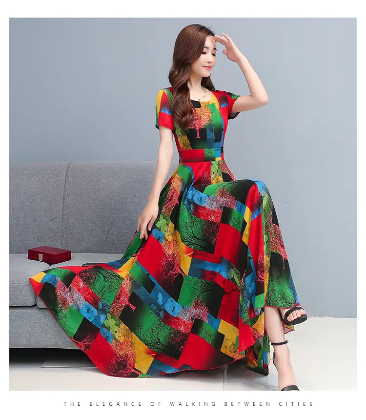 2025 Printed A-Line Long Dress Women High Waist Round Neck — feature 8
