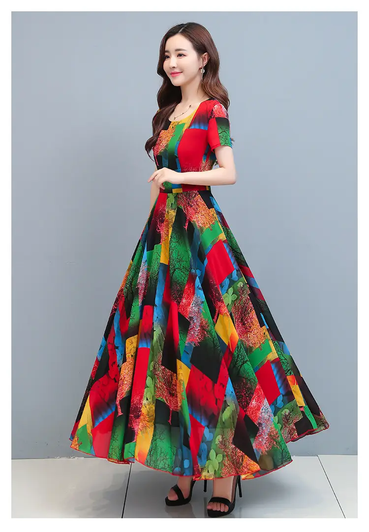 2025 Printed A-Line Long Dress Women High Waist Round Neck — feature 9