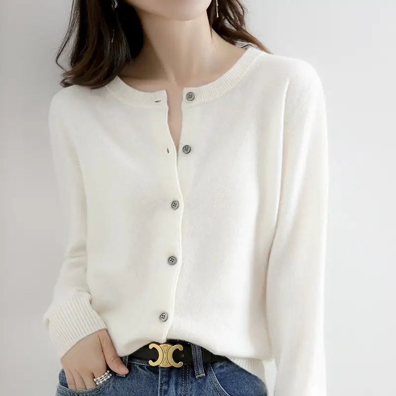 White Knitted Round Neck Cardigan for Women - Image 19