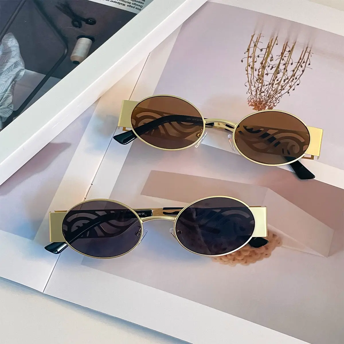 Women Oval Hollow Metal Sunglasses Pink Film European American - Image 7