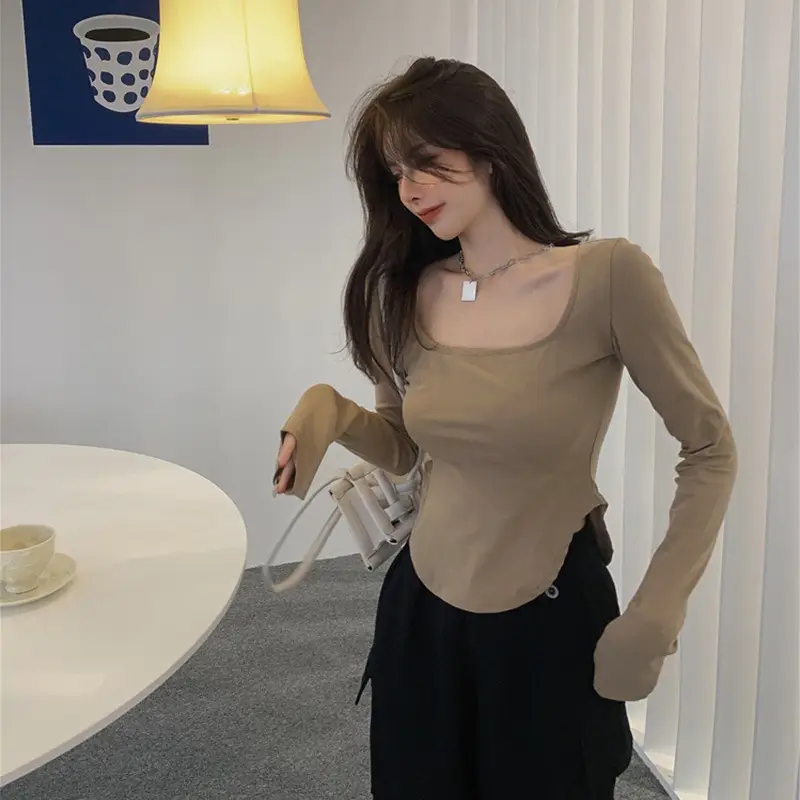 Women U-Neck Long Sleeve Slimming T-Shirt Grey - Image 4