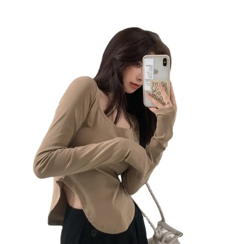 Women U-Neck Long Sleeve Slimming T-Shirt Grey - Image 5