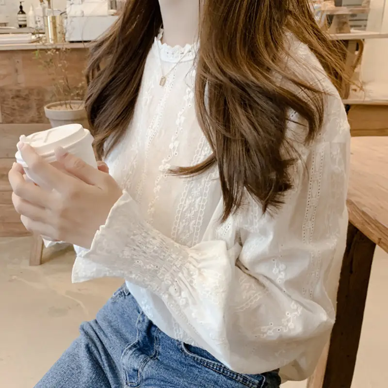 White Lace Long Sleeve Women's Shirt Spring Autumn - Image 3