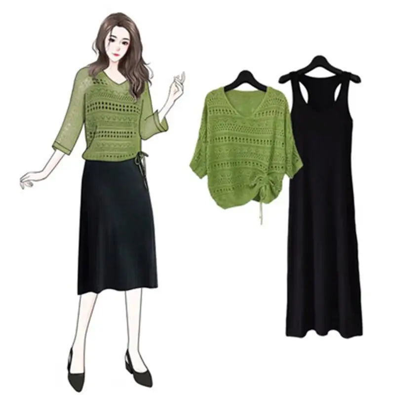 Women's Pink & Black Hollow Knit Two-Piece Top Set