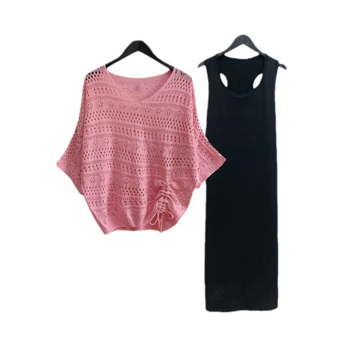 Women's Pink & Black Hollow Knit Two-Piece Top Set