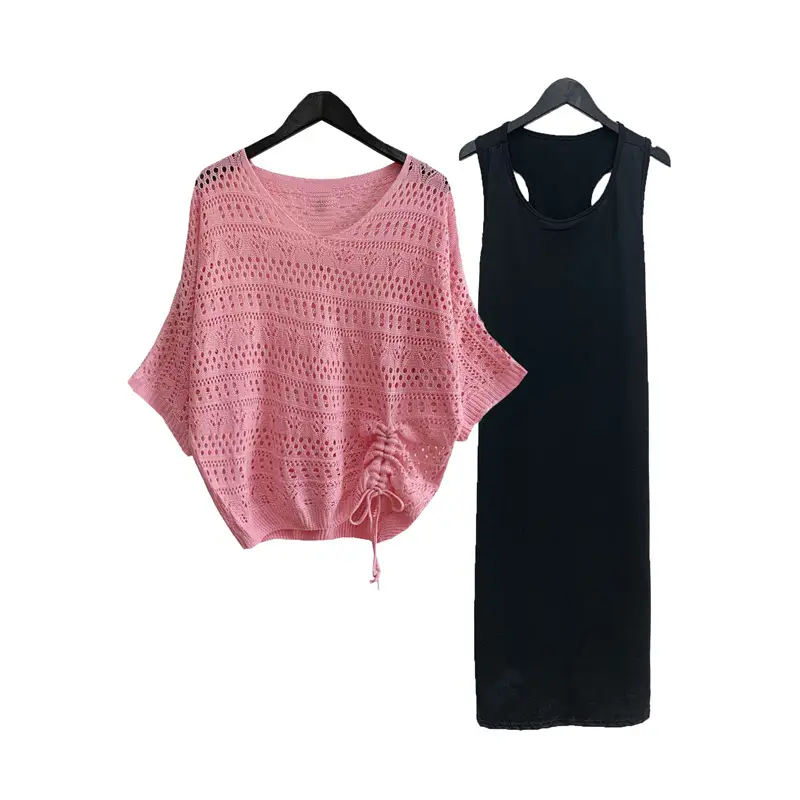 Women's Pink & Black Hollow Knit Two-Piece Top Set — feature 16