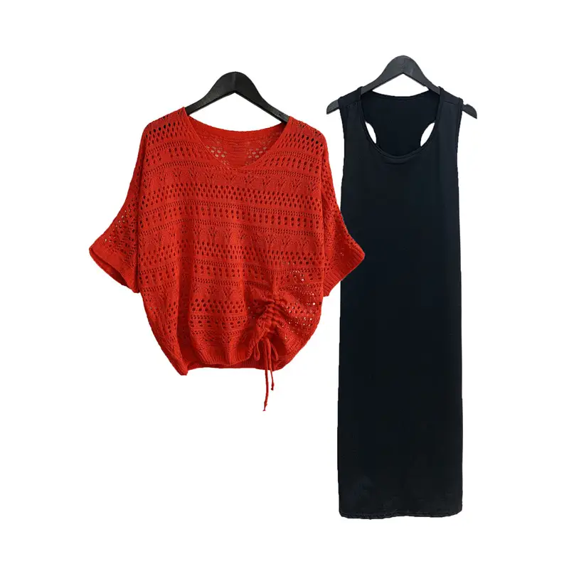 Women's Pink & Black Hollow Knit Two-Piece Top Set — feature 18