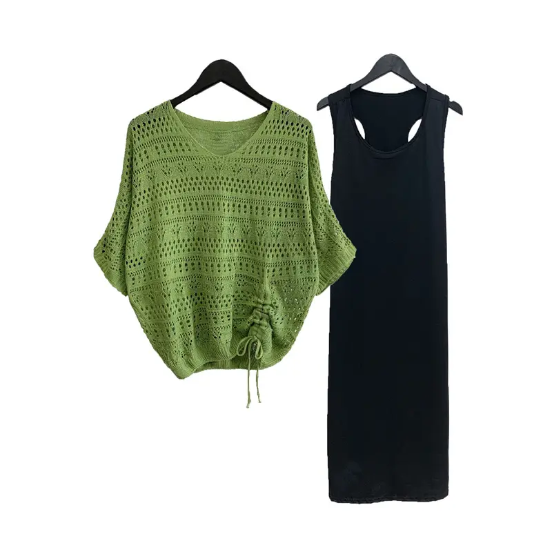 Women's Pink & Black Hollow Knit Two-Piece Top Set — feature 21