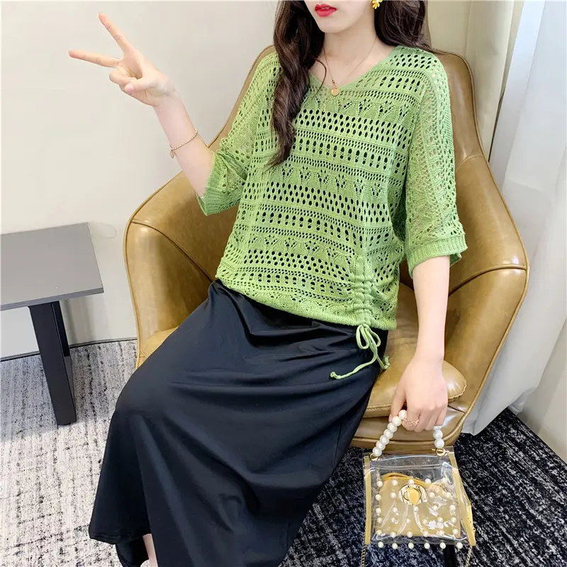 Women's Pink & Black Hollow Knit Two-Piece Top Set — feature 3