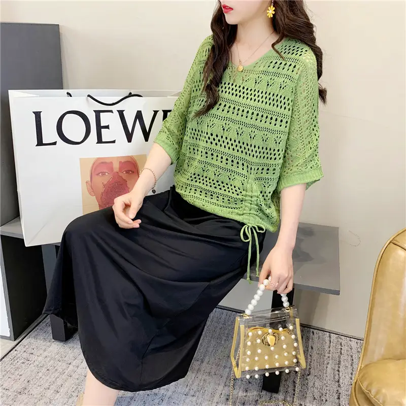 Women's Pink & Black Hollow Knit Two-Piece Top Set — feature 4