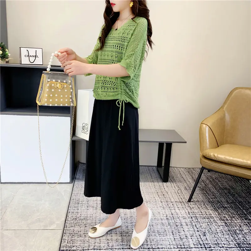 Women's Pink & Black Hollow Knit Two-Piece Top Set — feature 5