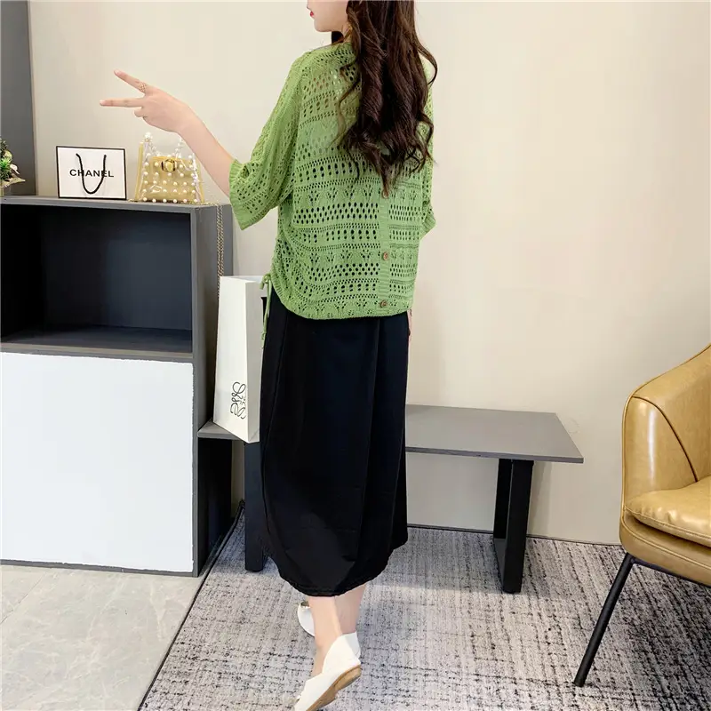Women's Pink & Black Hollow Knit Two-Piece Top Set — feature 6