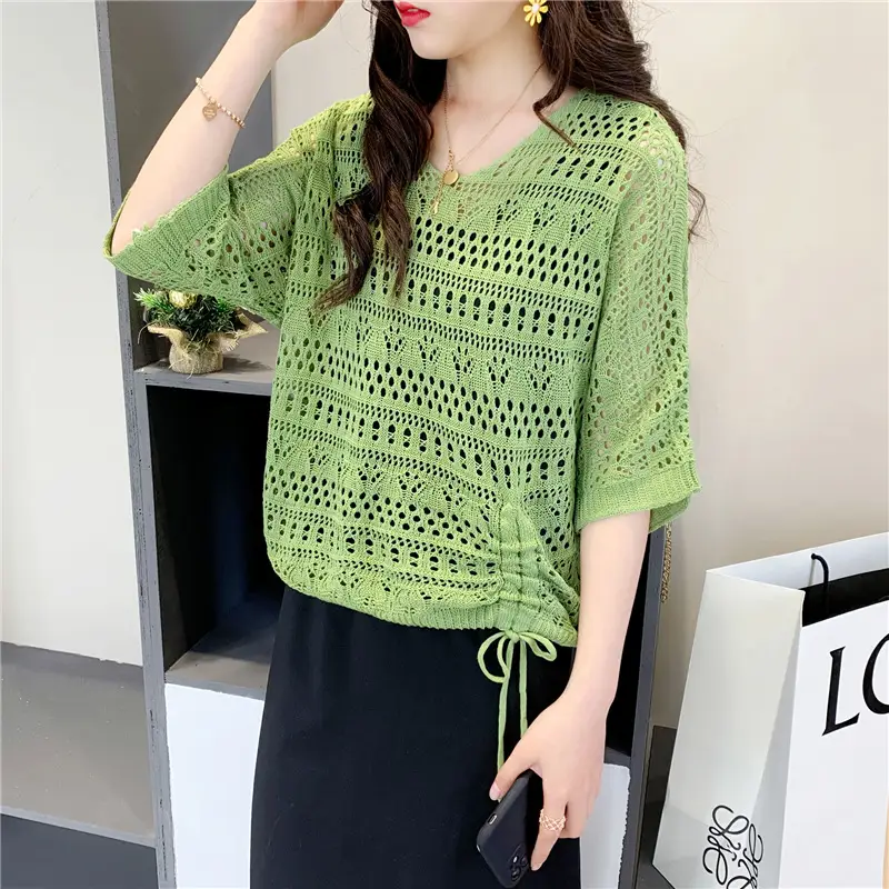 Women's Pink & Black Hollow Knit Two-Piece Top Set — feature 7