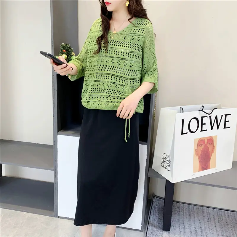 Women's Pink & Black Hollow Knit Two-Piece Top Set — feature 8