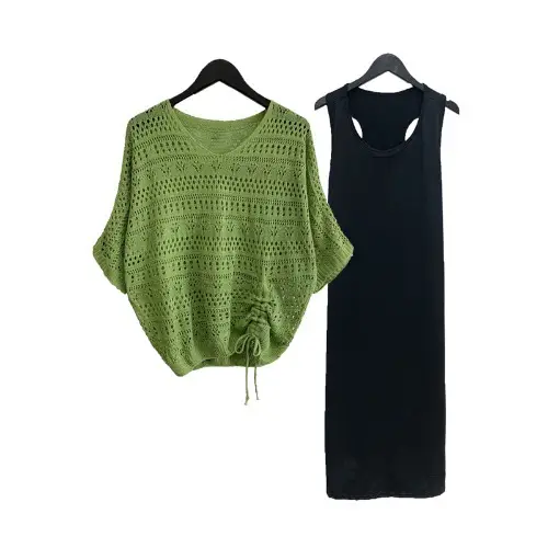 Women's Pink & Black Hollow Knit Two-Piece Top Set