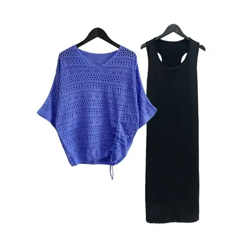 Women's Pink & Black Hollow Knit Two-Piece Top Set