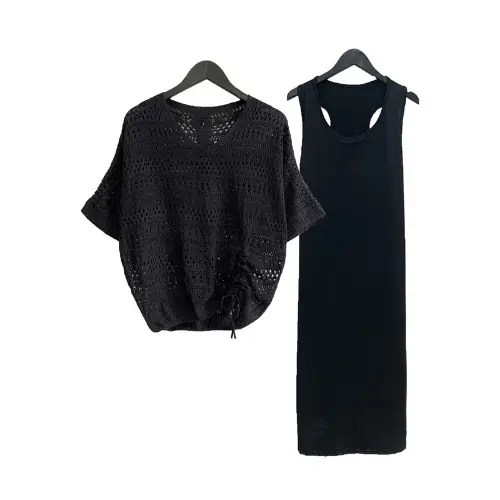 Women's Pink & Black Hollow Knit Two-Piece Top Set