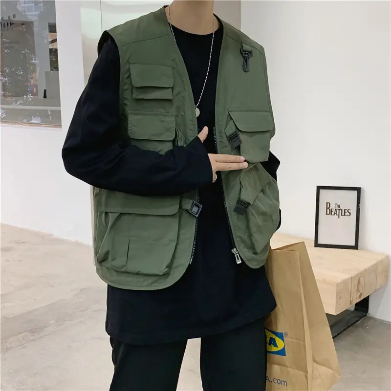 Men's Tactical Vest Dark Green Flannel Summer Thin Jacket - Image 2
