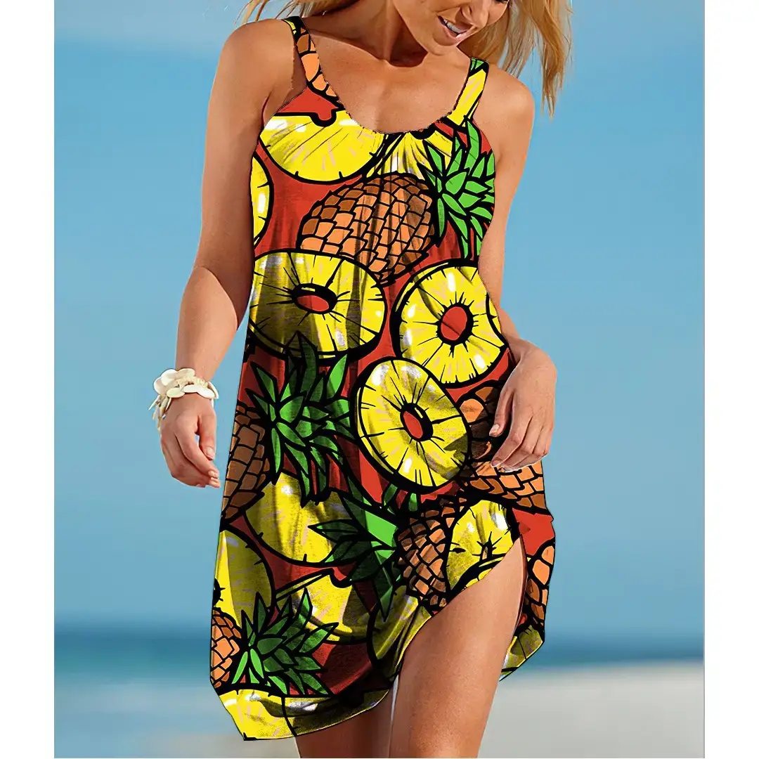 Women's 3D Digital Printed Fruit Dress Loose Waist Strap - Image 14