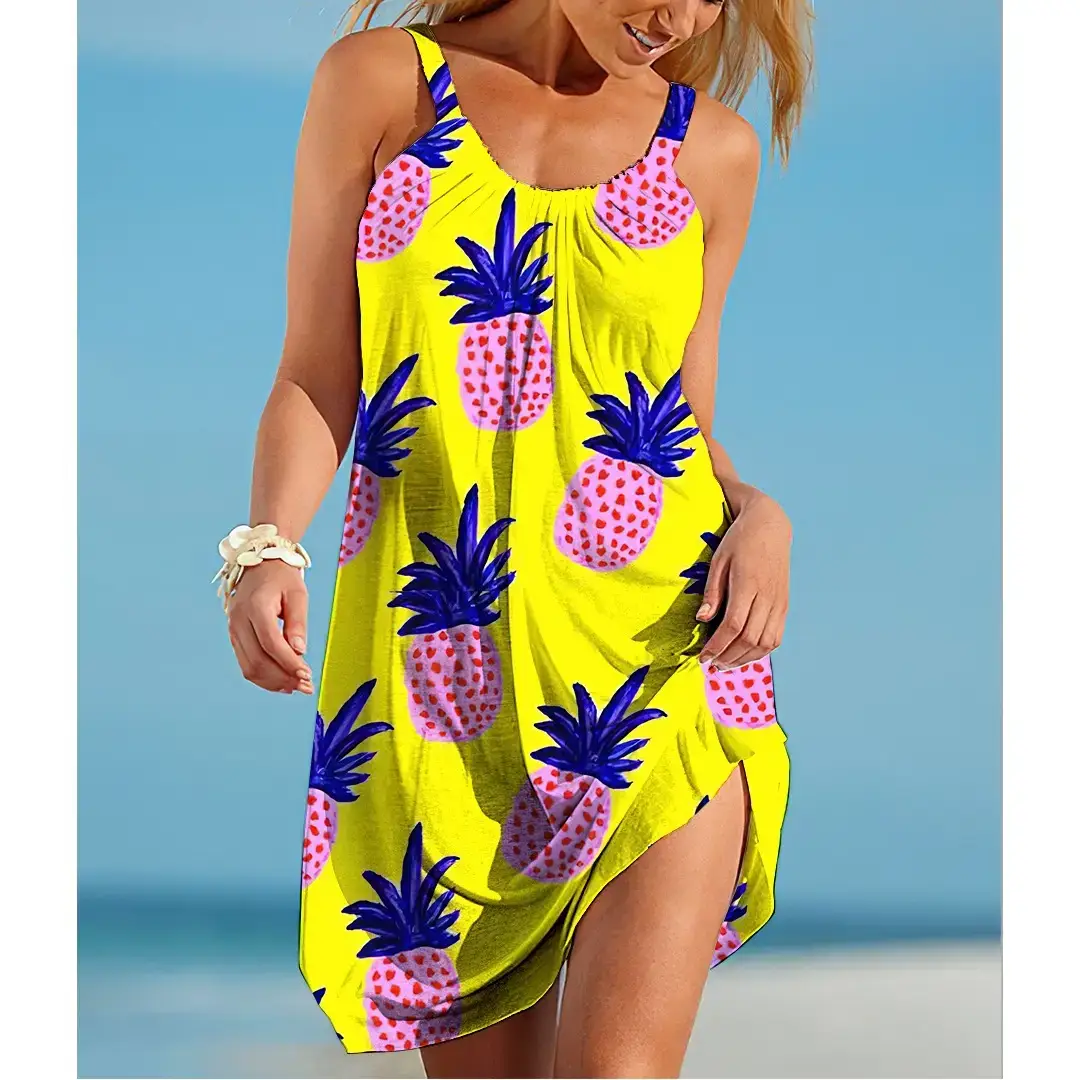 Women's 3D Digital Printed Fruit Dress Loose Waist Strap - Image 5